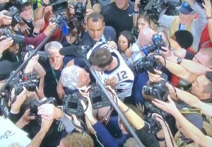 Finding Tracy Wolfson in this pic is like doing Where's Waldo?!  She's the tiny woman being squished behind Tom Brady, who knew she was there, but did nothing to help her!  Photo by Karen Salkin.
