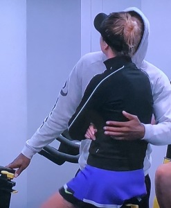 Adorable Gael Monfils hugging Elina Svitolina as she cools down on the bike, post-match.  Those two are adorable!!!  Photo by Karen Salkin.