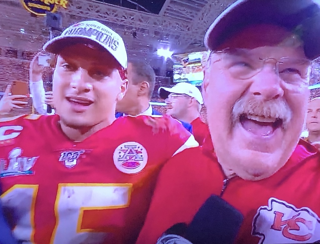 Victorious player and coach, Patrick Mahomes and Andy Reid. Photo by Karen Salkin.