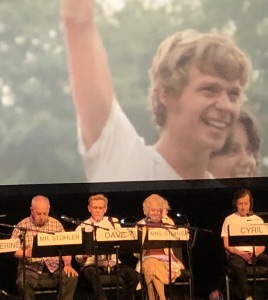 This is so interesting to me--there's Dennis Christopher on the big screen, starring in the movie back in the day, and him now, (second from left, with the goatee and glasses,) doing the reading as the same character!  Wow. Photo by Karen Salkin.