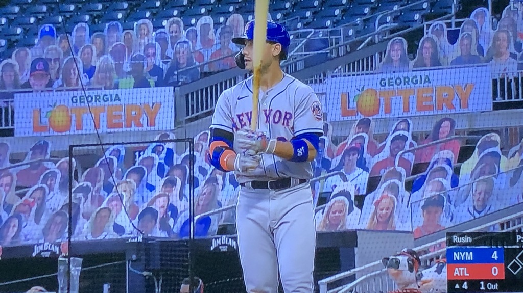 A Met about to bat while being cheered-on by...cardboard cut-outs!!!  Photo by Karen Salkin.