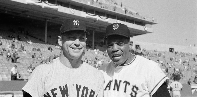 Mickey Mantle and Willie Mays posing together before the 1962 World Series. Photo by Herb Scharfman : Getty Images