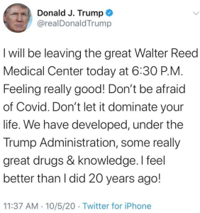 This is the evil that that piece of garbage tweeted when he got out of the hospital.  And, by the way, he has invested in those treatments he claims he got. 