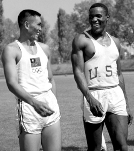 Rafer Johnson on the right, laughing with his closest competitor, and great friend, C.K. Yang, (who won the silver medal in the 1960 Decathalon, behind Rafer's gold.)