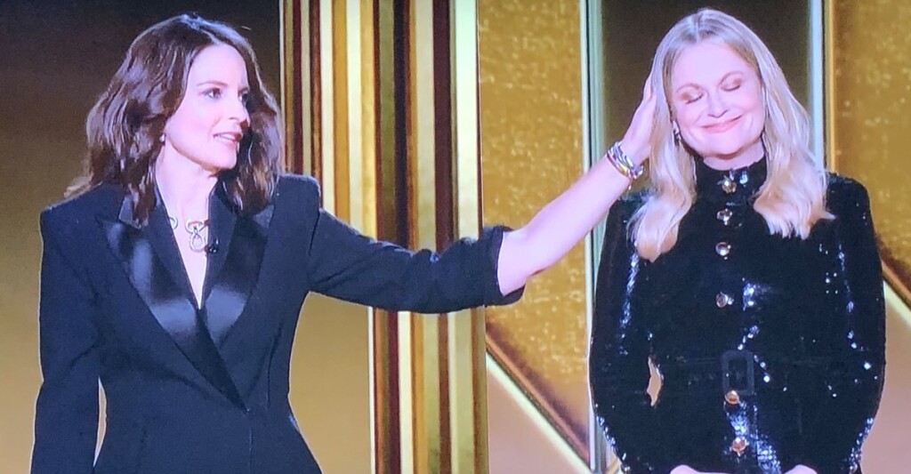 Tina Fey and Amy Poehler co-hosting from opposite coasts.  That hand gag was a good one. (It's not Tina's hand, in case you didn't notice.) Photo by Karen Salkin, off the TV screen.