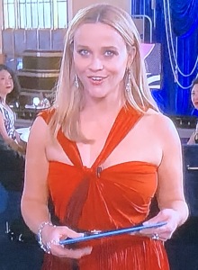 Reese Witherspoon looking like she just did the Walk of Shame. Photo by Karen Salkin, (off the TV screen.)