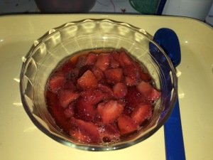 An individual dish of strawberries before the heavenly cream is added. Photo by Karen Salkin.