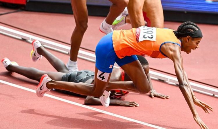 The trip and fall of Sifan Hassan, in orange, in a race she got up and won!!!  