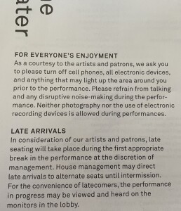 Another theatre's program notice asking audience members to refrain from other rude behaviors.  Photo by Karen Salkin.
