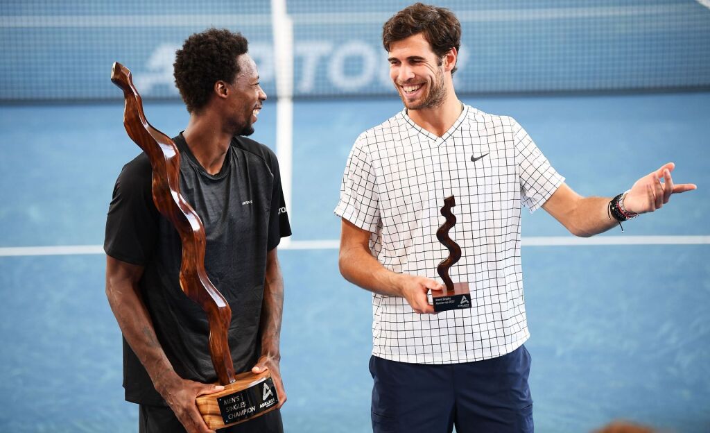 The always gracious and entertaining Gael Monfils, on the left, sharing a laugh with the man he just beat in the Adelaide Final, Karen Khachanov, (whose double Ks I'm jealous of!)
