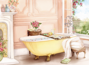 A mouthwatering image from one of Jacquie Lawson's magnificent e-cards. If only ALL our baths were like this one!