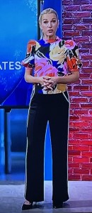 Another instance of that stupid (I'm sure) mandated stance, this time by one of the studio hosts, Lindsay Czarniak. I actually took this pic to show her dreadful wardrobe, so it's doing double-duty here. Who dressed these people???Photo by Karen Salkin.