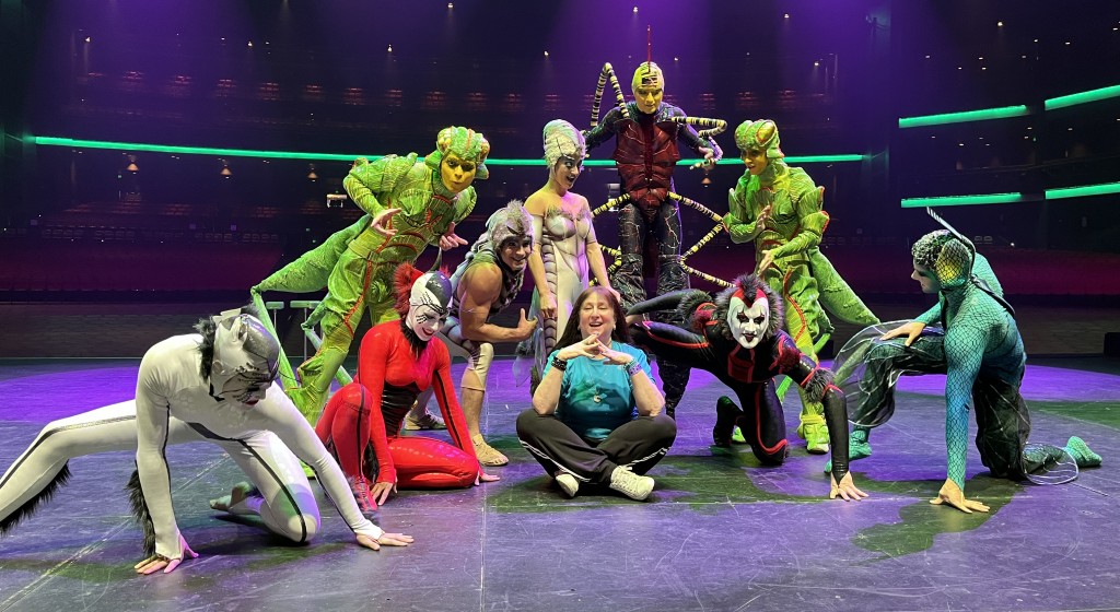 Some of the cast of Cirque du Soleil's Ovo, still laughing at Karen Salkin's jokes as she joined them front and center. Photo by Laura Saul.