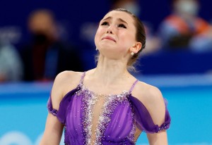 Kamila Valieva at the end of her Short Program, which went perfectly, but her emotions from the entire week came pouring out.