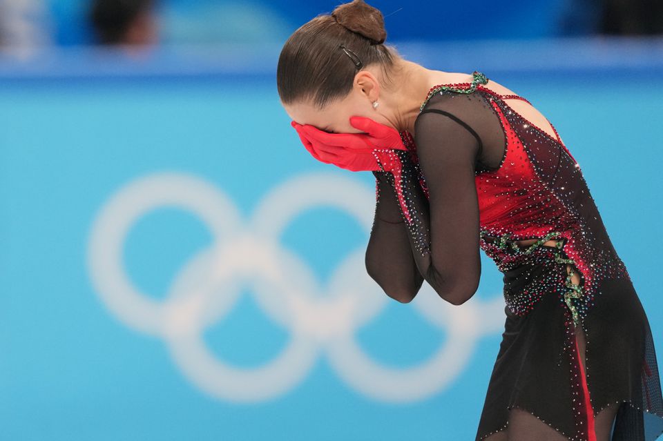Kamila Valieva the second she finished her disastrous Olympics Long Program.  Notice how even her pain is elegant.  She actually looks like an aggrieved character in a ballet!