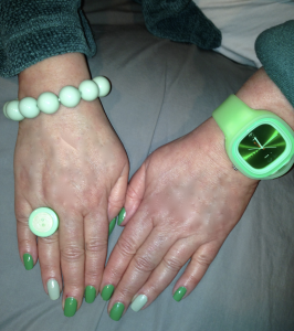 Green jewely, nails, and sweater on Karen Salkin, of course! Photo by Mr. X.