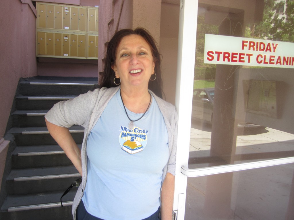 Karen Salkin, on one of her recent anniversary visits to the first place she stayed in Los Angeles.  Photo by Mr. X.