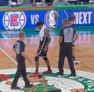 Kyrie Irving going back to defile the logo of his former team, the one that HE left on his own, after his new team beat them in the play-offs. Disgusting behavior, especially for a pro player.