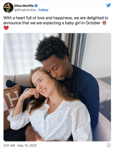 Elina Svitalina's tweet announcing her soon-to-arrive baby with Gael Monfils.