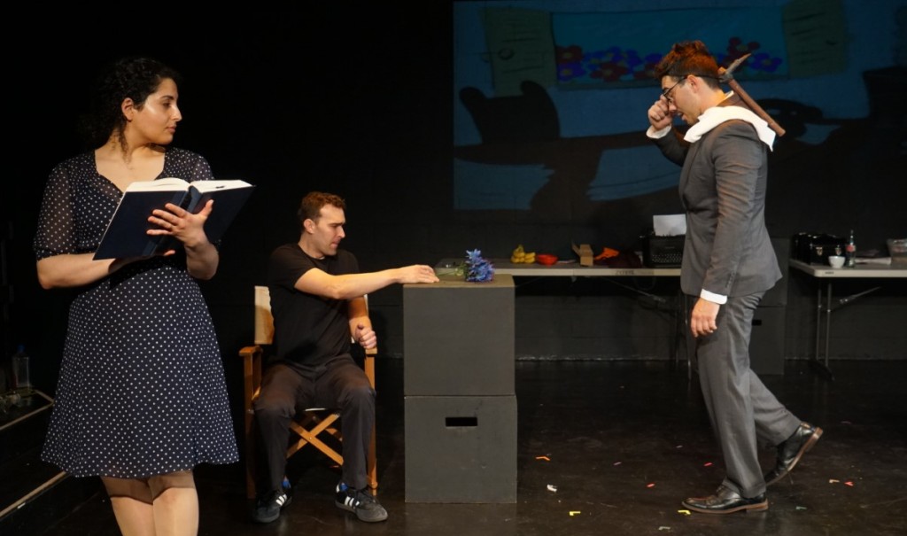 (L-R) Maram Kamal, Mark Haan, and Talon Warburton in the last scene of the sextet.  Photo by Chris Devlin, as is the one at the top of this review featuring (L-R) Bill Butts, Talon Warburton, and  Patrick Warburton.