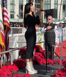 Yvette Gonzalez-Nacer singing the National Anthem.  Photo by Karen Salkin.