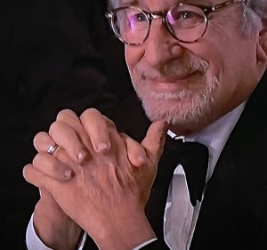 Steven Spielberg and his odd fingers. Photo by Karen Salkin, from the TV screen.