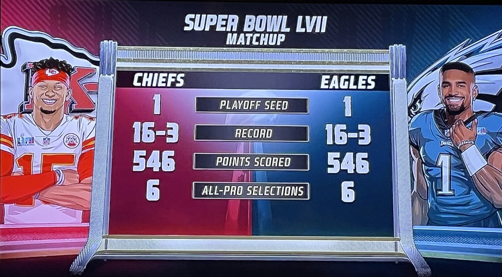 Look how even the seasons of the two Super Bowl teams were before the game! Photo by Karen Salkin (from the TV screen.)
