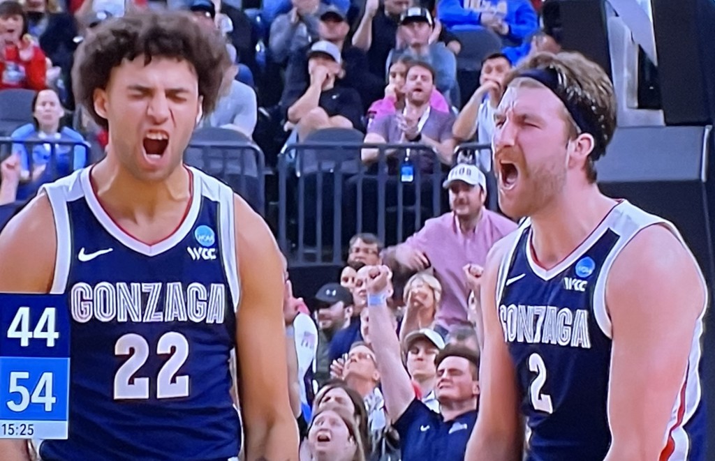 Drew Timme on the right and his teammate Anton Watson on the left, celebrating some good plays against UCLA. Photo by Karen Salkin.