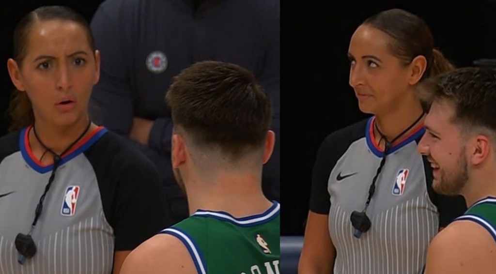 The cute exchange between Luka Doncic and ref Ashley Moyer-Gleich, with her trying not to smile afterwards.