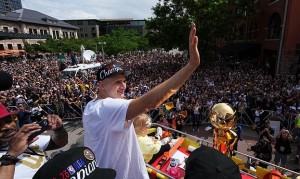 Denver Nuggets Finals MVP Nikola Jokic leading their victory parade.