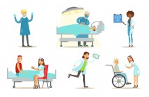 Doctors and Nurses Examining and Treating Patients Set, Medical Care in Clinic or Hospital, First Aid Rescue Emergency Help Vector Illustration