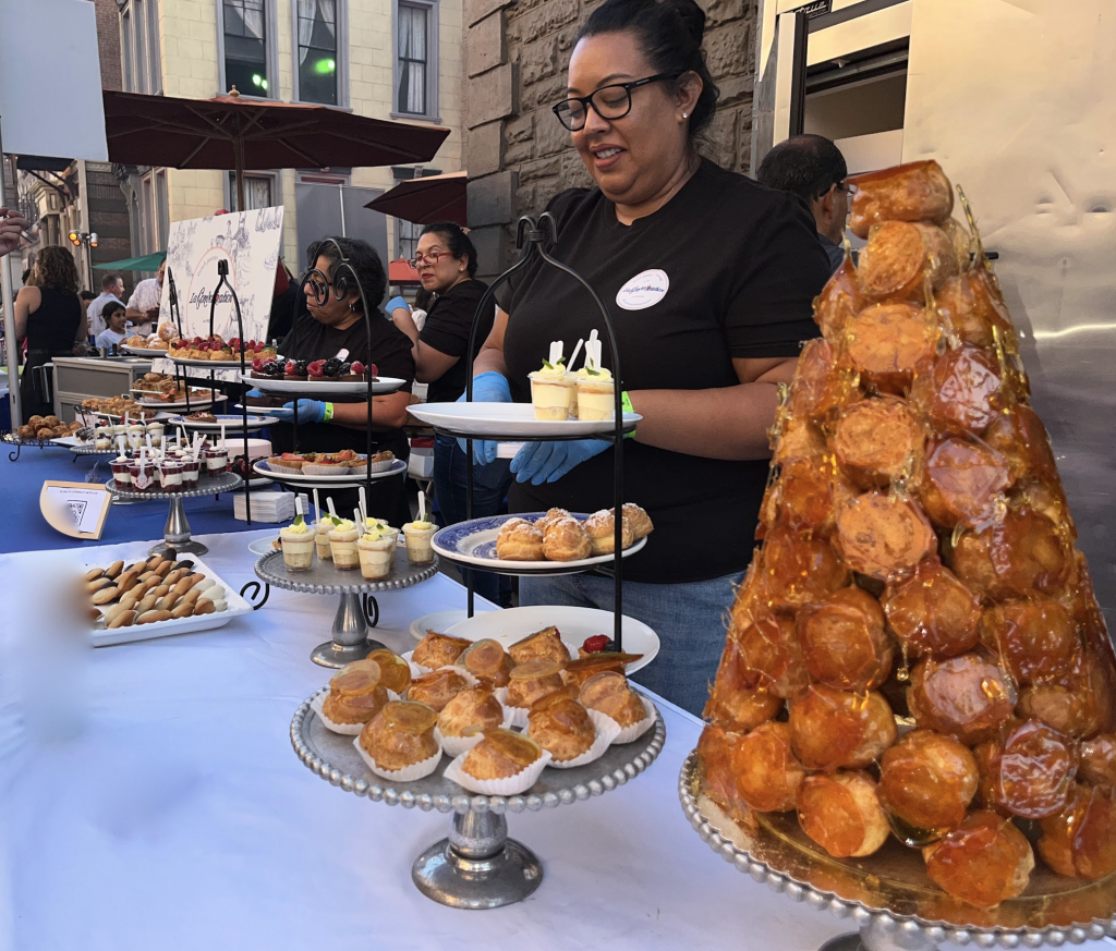 The La Conversation offerings. Note the gorgeous croquembouche on the right. Photo by Laura Saul.