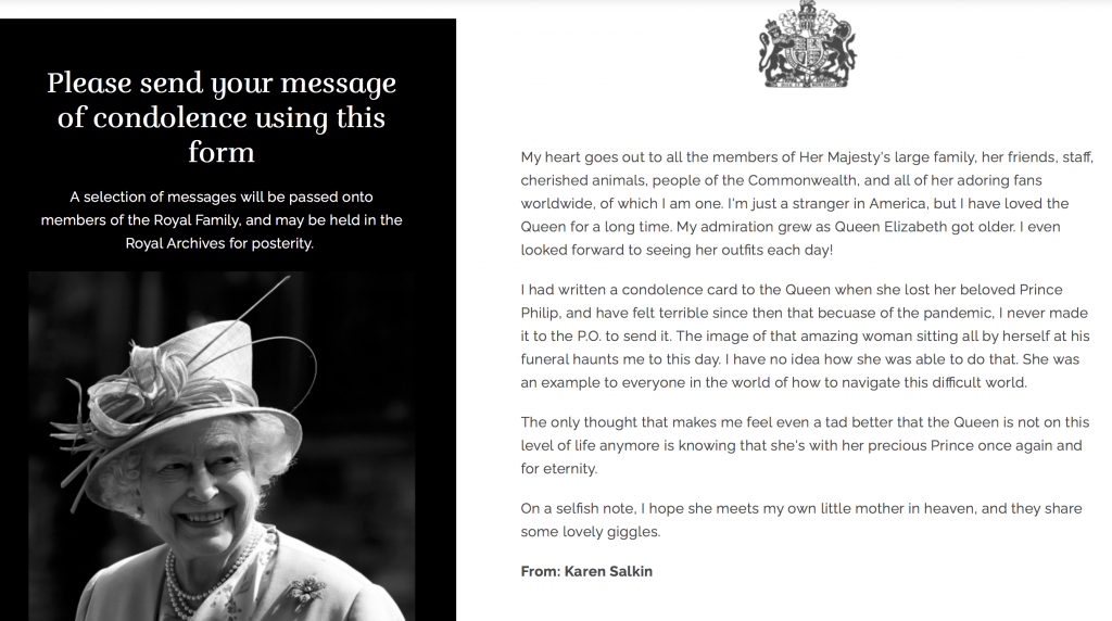 The message I wrote in the Book of Condolences for the Royal Family last year.
