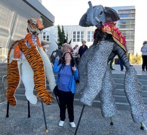 Karen Salkin with her two new pals on the plaza in front of the BroadStage. Photo by Nina Andro.