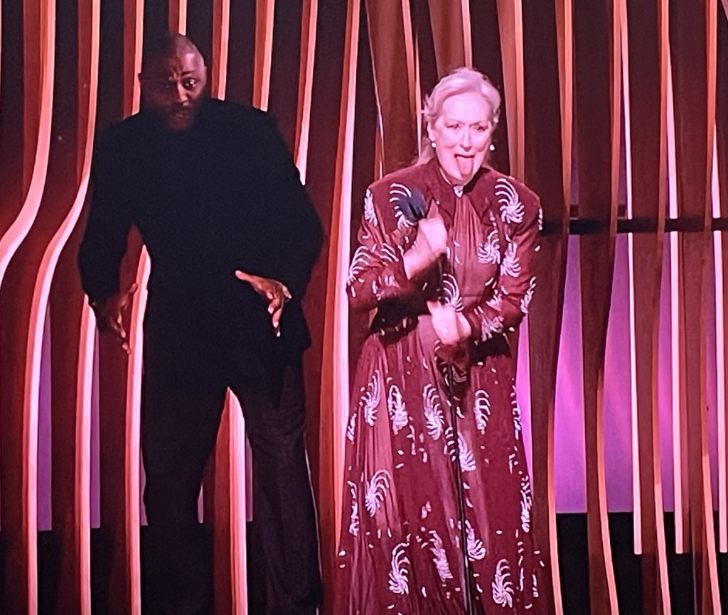 Meryl Streep, with Idris Elba in the background, after she stepped on the mike stand, and it hit her in the face! Photo by Karen Salkin.