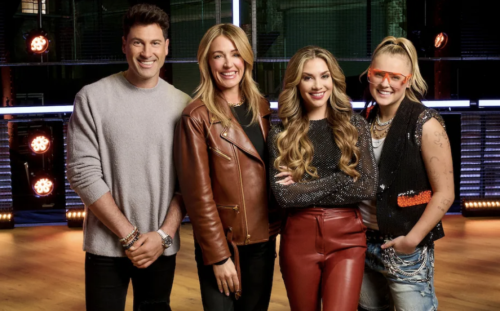 Grown-up cast for the rest of the season. (L-R) Maks, host Cat Deeley, Allison, and JoJo.