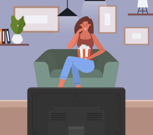 This could be me, as far as the hair and big ears and chest are concerned. And her chowing-down on popcorn, as well.  But the resemblance stops with the neatness of the room! 