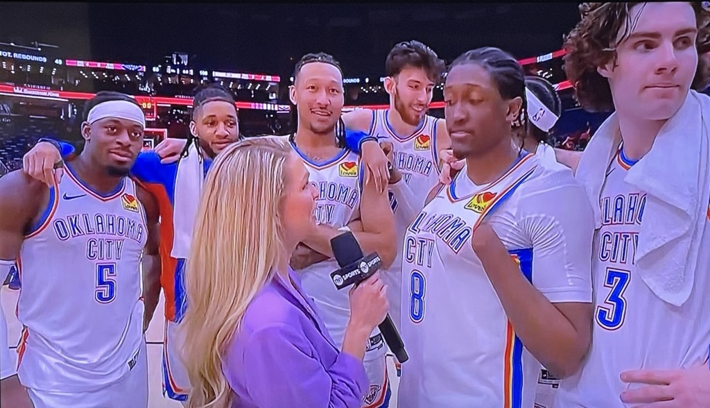 The idiotic OKC Thunder players crashing a teammate's post-game interview, as usual. Photo by Karen Salkin.