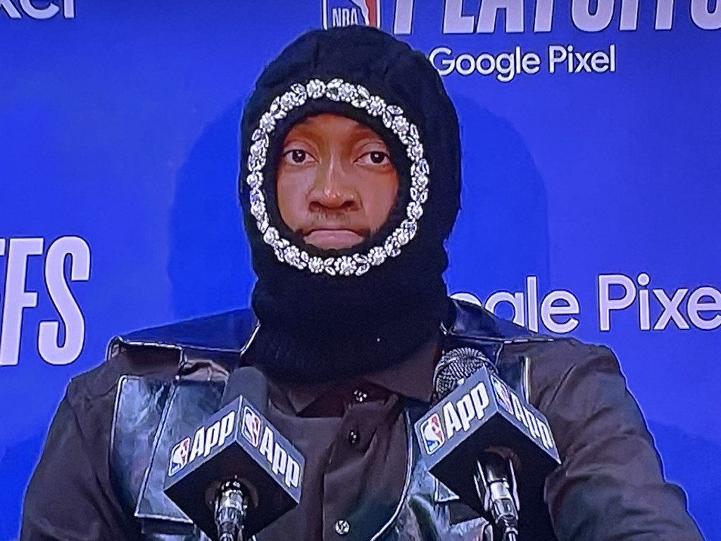 Jalen Williams of the OKC Thunder, rocking one of his dreadful headpieces. Photo by Karen Salkin.