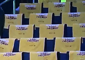 The team towels at every seat at one of the cheap-o arenas. Photo by Karen Salkin.