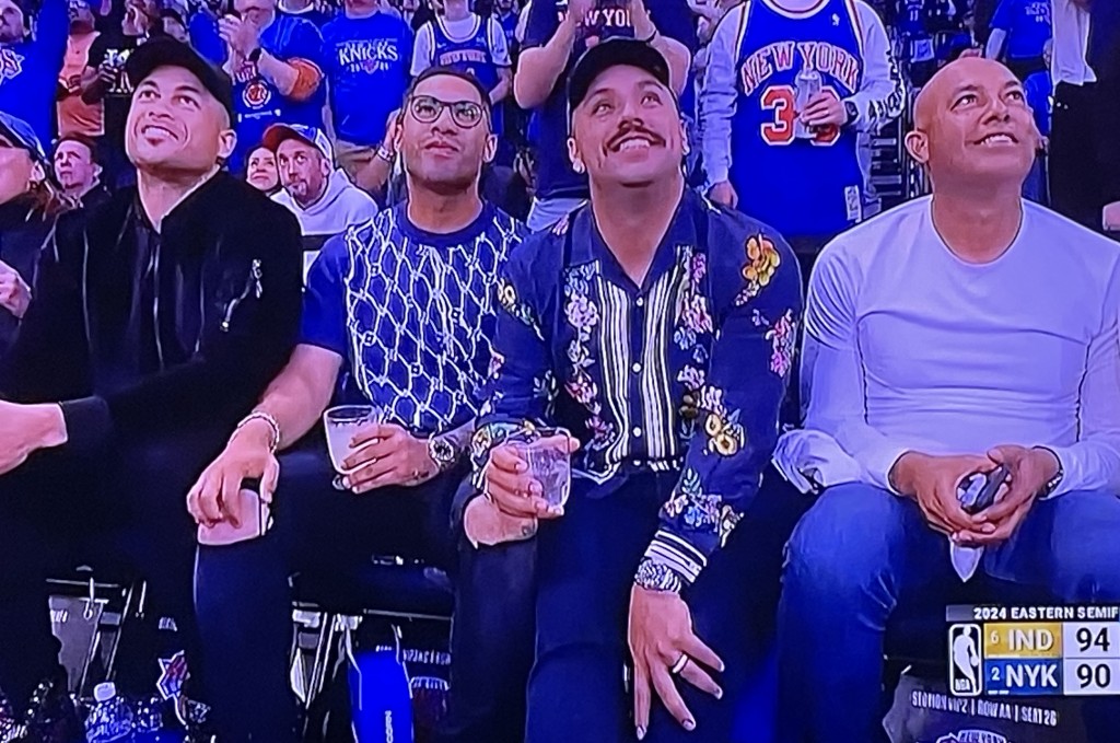 A few Yankees cheering on the Knicks: (L-R) My fave Giancarlo Stanton, Gleybor Torres, Nestor Cortez, and retired great Mariano Rivera. Photo by Karen Salkin.