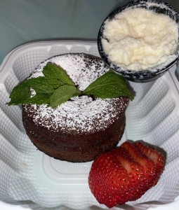 The Molten Chocolate Lava Cake in a to-go container. Photo by Karen Salkin.