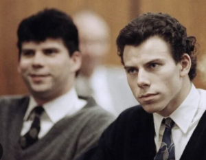 The Menendez brothers during one of their trials. Lyle doesn't look bothered too much. And in the image at the top of this rant, they both look pretty happy to be serving life in prison. So I hope they continue all that mirth by staying there for the rest of their lives!