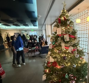 Here are two of the decorated lobby Christmas trees. Do you see the one that's not obvious? (That tiny bit of red sweater on the left is Mr. X's arm!) Photo by Karen Salkin.