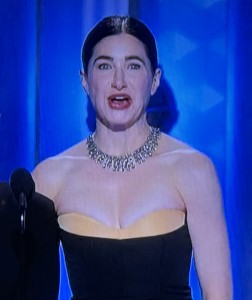 Kathryn Hahn. That splotch behind her head is on the backdrop--it's not her hair in a bun, although that might have been helpful.  Photo by Karen Salkin.