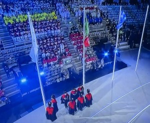 Many of the empty seats even after the athletes entered the arena! Photo by Karen Salkin.