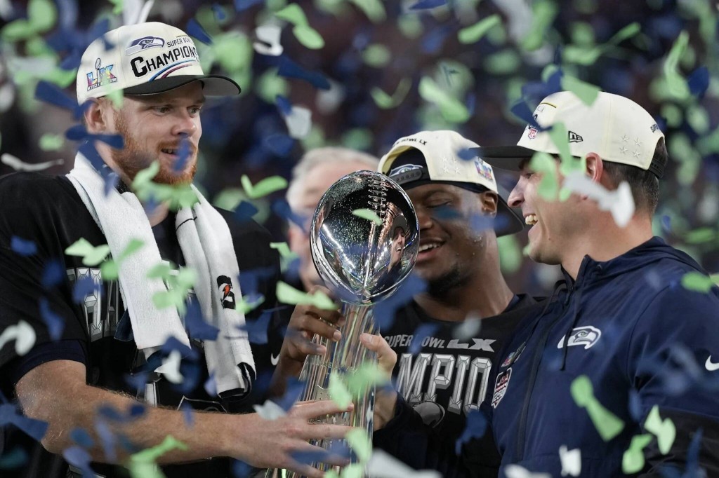 The Super Bowl winning Seahawks' quarterback, (Sam Darnold,) MVP, (Kenneth Walker III,) and Head Coach (Mike Macdonald.)