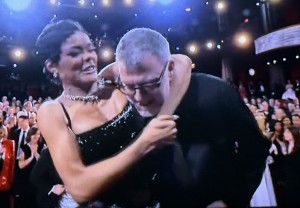 Teyana Taylor putting her director, Paul Thomas Anderson, in a chokehold when they won Best Picture. Photo by Karen Salkin.
