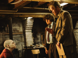 (Bottom L-R) Emma Stone, Aidan Delbis, and Jesse Plemons in the insanely-named, (even though we can all look up the meaning,) Bugonia.