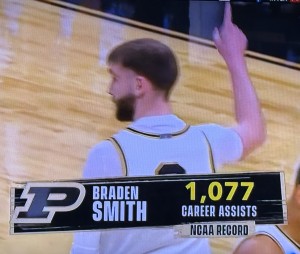 Braden Smith indicating he's #1 now that he has the record for assists. Photo by Karen Salkin.